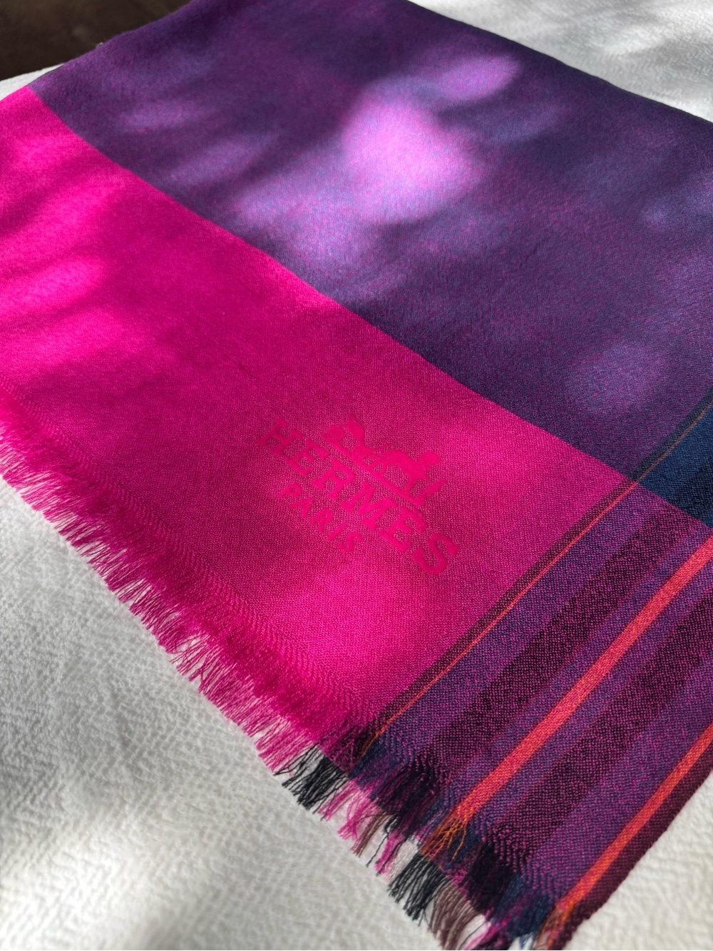 AUTHENTIC- Vintage Hermès Paris Fuchsia & Purple Wool-Silk Scarf